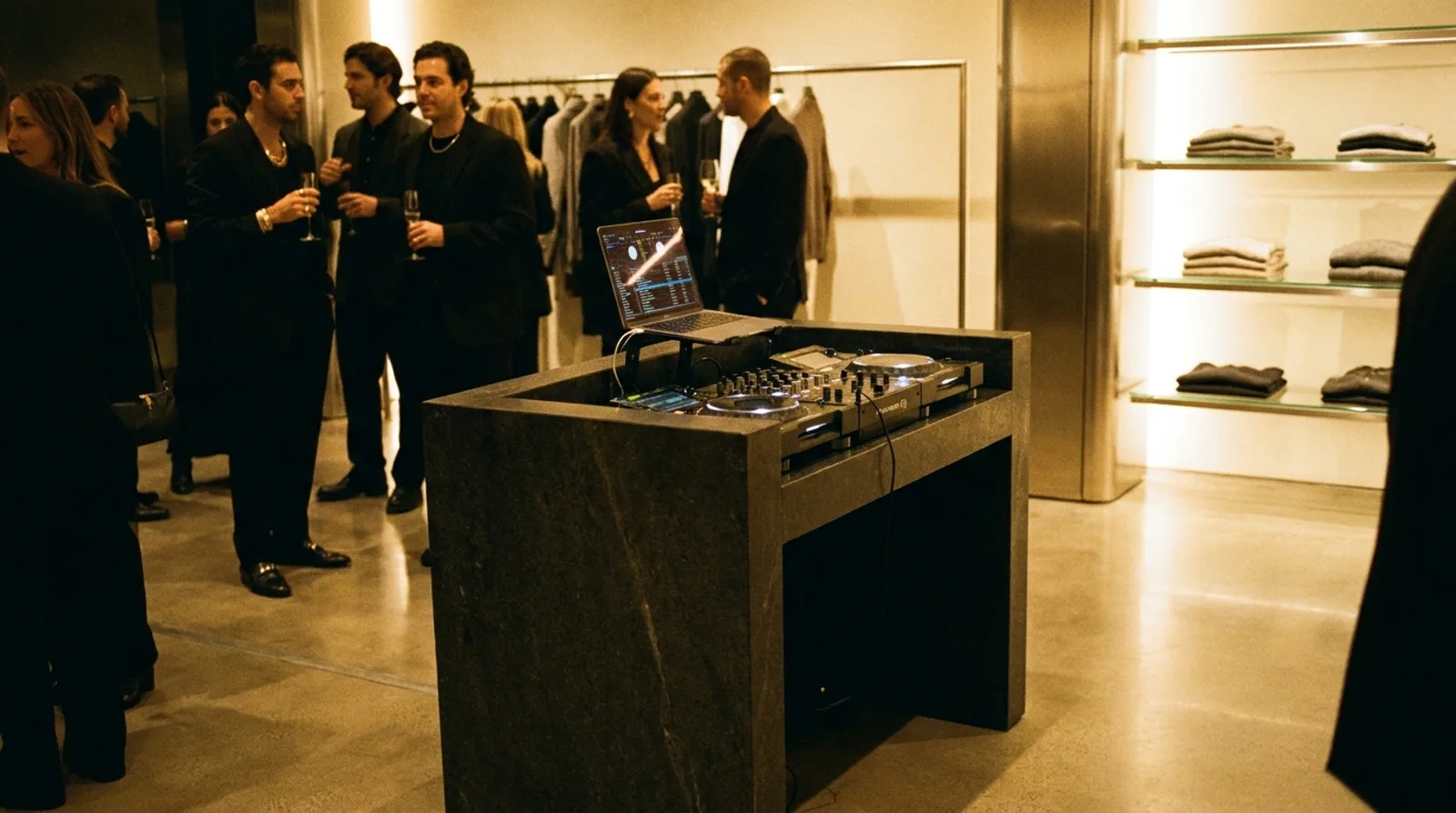 A DJ playing on the floor of an upscale retail store while guests browse and talk